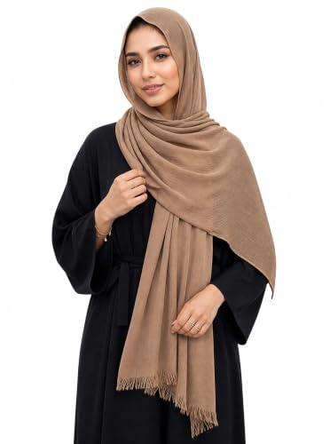 Cotton Linen Plain Hijab Scarf For Women,Muslim Viscose Crinkle Edge With Fringe,Summer Beach Wrap Headwraps Shawl - color: 34#camel