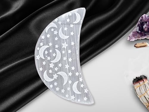 Amazing Gemstone Selenite Crystal Charging Plate for Crystals and Healing Stones, 4" Selenite Crystal Plate Engraved Star and Moon Coaster for Home, Office Table Decor (Selenite Crescent Moon) - size: 4" Inches