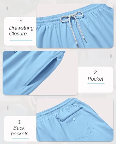 Gleeease 5 Inch Mens Swim Trunks with Compression Liner Men's Bathing Suit | Mens Swim Shorts 4 Pockets Quick Dry 2 in 1 Water Resistant Solid Stretch Breathable Surfing Beach Elastic Waistband Swimsuit - color: Light Blue, size: X-Large