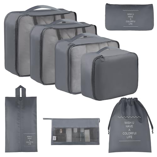 Vercord 8 Set Travel Packing Pods Luggage Organizers Cubes with Laundry Bags Accessories - color: Grey-8set