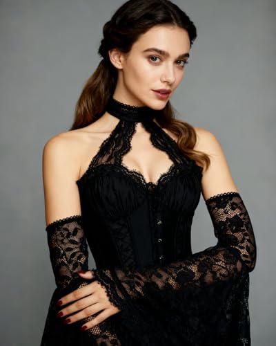 L'VOW Women's 1 Pair Gothic Black Lace Sleeves Witch Gloves Victorian Lace Arm Sleeve Vampire Accessory - color: D Black
