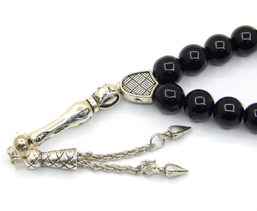Perlin Muslim Prayer Beads 33 Bead Black Onyx Tasbih – Islamic Misbaha Subha Dhikr Beads with 10 mm Polished Onyx Gemstone Beads, Hematite Spacers and 925 Sterling Silver Imam, Ottoman Style Rosary