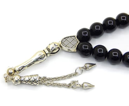 Perlin Muslim Prayer Beads 33 Bead Black Onyx Tasbih – Islamic Misbaha Subha Dhikr Beads with 10 mm Polished Onyx Gemstone Beads, Hematite Spacers and 925 Sterling Silver Imam, Ottoman Style Rosary