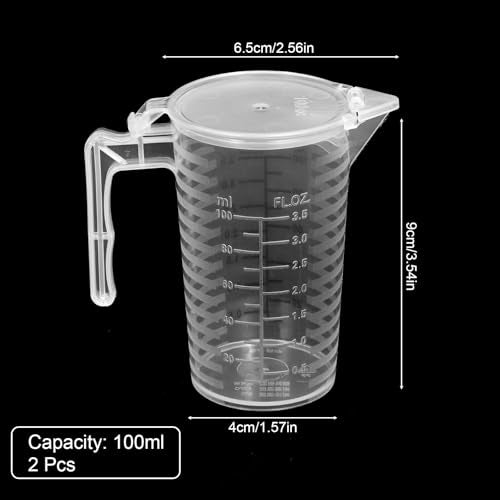 2 Pcs Measuring Cup with Lid 100ml PP Plastic ml & oz Measuring Cup for Liquid Double Sided Graduated Beaker with Handle and Spout for Lab Home Kitchen (3.5oz/100ml)