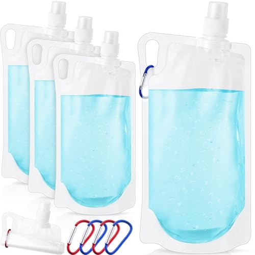 Maxdot 4 Pack 1L Collapsible Travel Water Bottles with Clip 33 oz Clear Foldable Water Pouch Container Bag for Hiking Backpacking Camping Travel Emergency