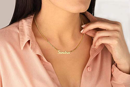 TinyName Custom Name Necklace Personalized 18K Gold Plated Nameplate Customized Jewelry Gift for Women - color: Horizontal Name Necklace-Curb Chain