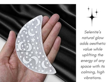 Amazing Gemstone Selenite Crystal Charging Plate for Crystals and Healing Stones, 4" Selenite Crystal Plate Engraved Star and Moon Coaster for Home, Office Table Decor (Selenite Crescent Moon) - size: 4" Inches