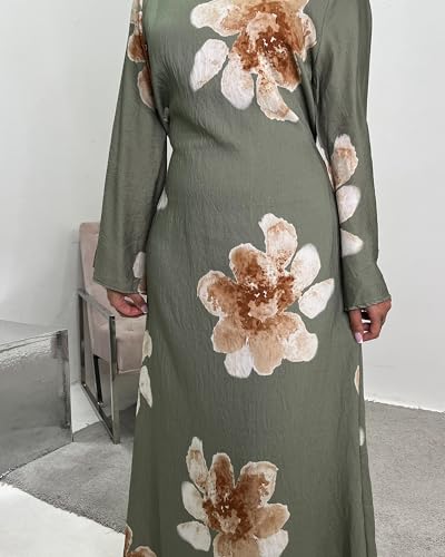 Women Butterfly Abaya Elegant Prayer Dress with Bell Sleeve, Waist Tie, Stylish Floral Printed Maxi Robe - color: Green, size: Small