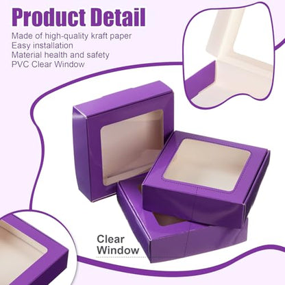 Zonon 30 Pcs Kraft Paper Boxes with Window 4.13 x 4.13 x 1.18 Inch Candy Packaging, Small Gift Boxes, Soap holder, Mini Treat Packaging for Bakery Chocolate Jewelry Display (Purple) - color: Purple