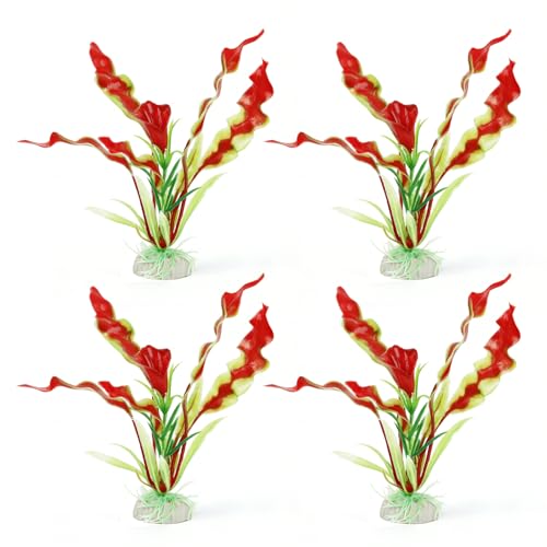 4 Pack Plastic Aquarium Plant Set, 7.1 Inch Deep Red Artificial Fish Tank Plants with Base for Aquarium Decor Accessories Fish Tank Decorations - color: Dark Red
