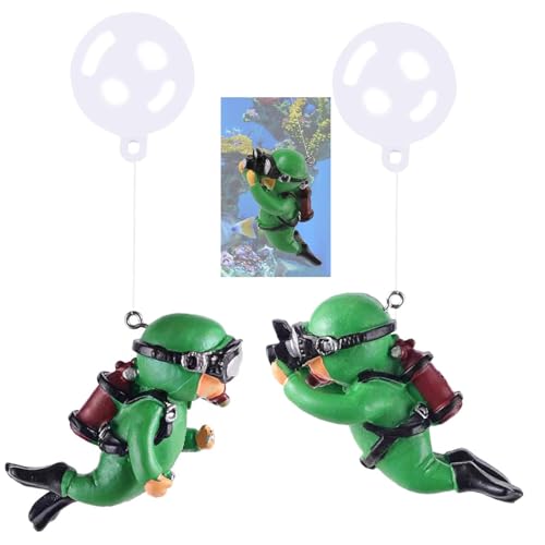 2-Pack Tank Decorations, Cute Little Diver, Aquarium Decoration Accessories Ornaments with Float Ball, Playmate for Tank Suitable for All Kinds of Fish and Tanks (Green) - color: Green