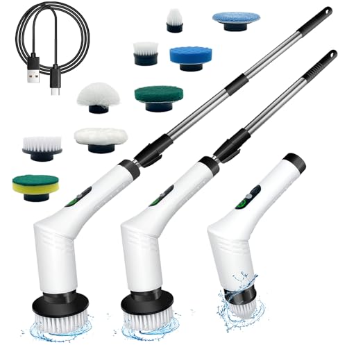 Spin Scrubber, 9-in-1 Multifunctional Electric Cleaning Brush with Detachable Handle, 9 Replaceable Brush Heads & LCD Display, Rechargeable for Bedroom, Bathroom, Kitchen, Car - color: White