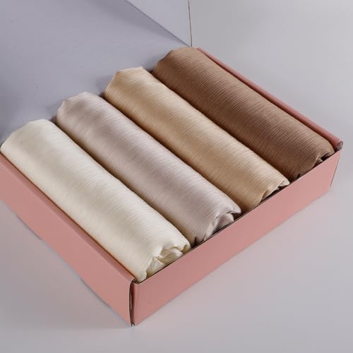 Febfim 4PCS Muslim Women Natural Wrinkle Long Satin Crepe Hijab Set Scarves Smooth Crinkle Ladies Shawl Wrap Set - color: Color 4
