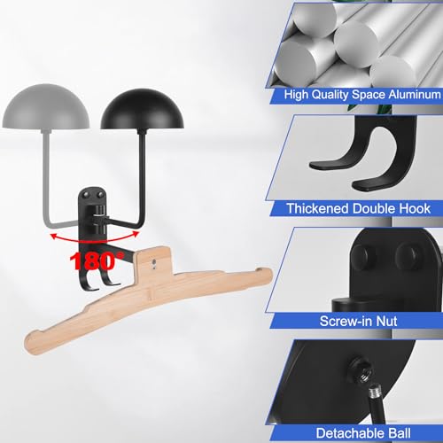 Motorcycle Helmet Rack Wall Mount 180 Degree Rotation Metal Bike Helmet Holder Mount Bicycle Helmet Display Hanger Stand with Wood Hanger & 2 Hooks for Motorcycle Bike Baseball Rugby Helmet - 2 Pack - color: Black(2PCS with Hanger)
