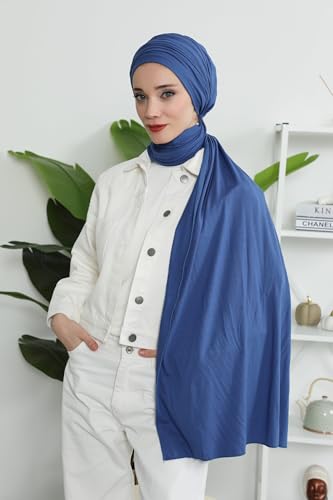 Aisha's Design Instant Hijab Scarves for Women, 95% Cotton Pretied Bonnet Turban Easy to Wear Cotton Headscarf - color: Indigo