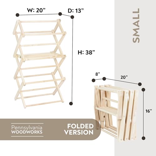 Pennsylvania Woodworks Clothes Drying Rack: Solid Maple Hard Wood Laundry Rack for Baby Clothes, Hand Towels, Delicates & More, Durable Small Folding Drying Rack, Made in USA, No Assembly Needed - color: Small