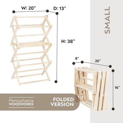 Pennsylvania Woodworks Clothes Drying Rack: Solid Maple Hard Wood Laundry Rack for Baby Clothes, Hand Towels, Delicates & More, Durable Small Folding Drying Rack, Made in USA, No Assembly Needed - color: Small