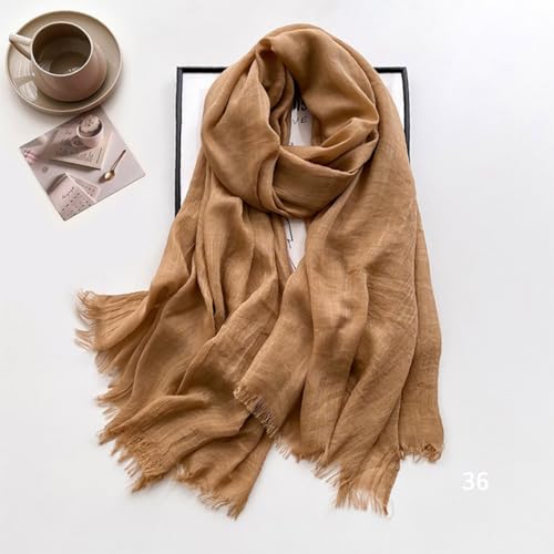 Solid color cotton and linen scarf, wrinkled all season versatile long sunscreen fashionable shawl - color: Camel Color