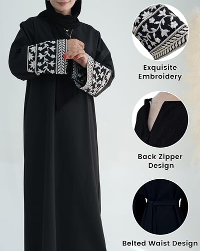 Embroidered Muslim Abaya Long Sleeve Dubai Dress Turkish Robe Zipper Maxi Dess Women Eid Clothes - color: Black, size: Medium