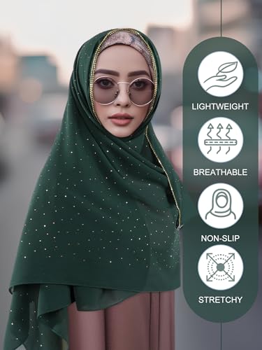 Geyoga Hijab Scarf for Women Soft Chiffon Rhinestone Long Scarf Shawl Fashion Muslim Hijab Head Wrap Scarves - color: Dark Green