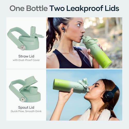 BUZIO 24 oz Insulated Water Bottle, Stainless Steel Wide Mouth Water Flask with Straw Lid, Cold for 48 Hrs Leak Proof Metal Hydro Thermo Canteen Mug, Gradient Green - color: Gradient Green, size: 24 Ounces