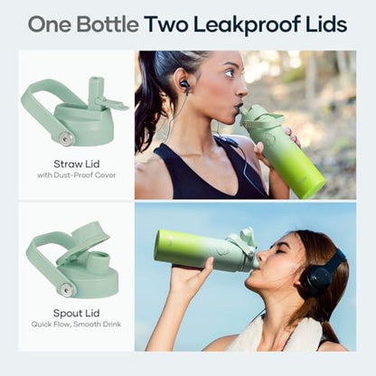 BUZIO 24 oz Insulated Water Bottle, Stainless Steel Wide Mouth Water Flask with Straw Lid, Cold for 48 Hrs Leak Proof Metal Hydro Thermo Canteen Mug, Gradient Green - color: Gradient Green, size: 24 Ounces