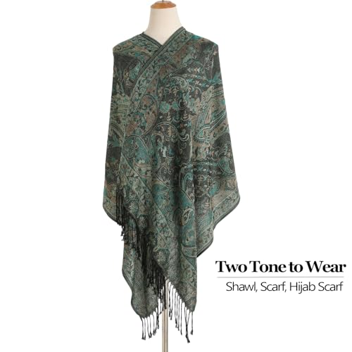 Paisley Pashmina Rave Shawl Scarf-Women's Reversible Ethnic Jacquard Pashmina Wraps for Travel - color: A#. Black Cyan