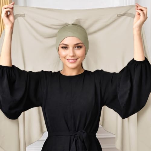 Instant Hijab Set 3-in-1 Chiffon Hijab Scarf for Women with Built-in Magnets and Undercap Head Wraps - color: Army Green