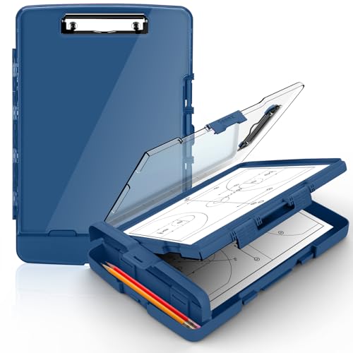 Sooez Original Clipboard with 2 Storage & Pen Holder, Heavy Duty Clip Boards 8.5x11 with Dual Storage, Clearview Dry Erase Coach Clipboard with Real Hinge, High Capacity, School & Office Supplies - color: Dark Blue
