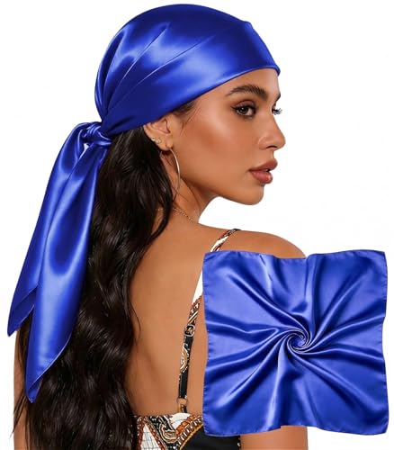 Sumolux Head Hair Scarf for Women 35" Like Satin Silk Scarf Hair Wrapping Night Bandana Large Square Scarves - color: A Solid Blue