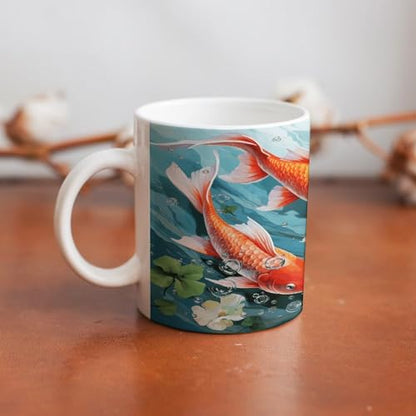 Japanese Pretty Red Carp Fish Ceramic Coffee Cups with Handle,Porcelain Coffee Mugs for Men Women Tea Cup for Cappuccino Latte Mocha Milk Macchiato Cafe