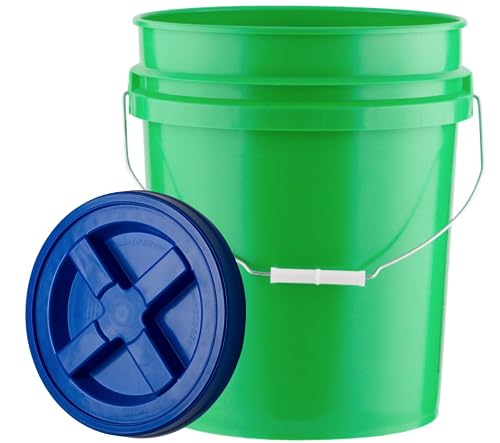 5 Gallon Food Grade Plastic Bucket with Air Tight Screw on Lid Made in USA Container (Green Bucket with Blue Lid) - color: Green Bucket With Blue Lid
