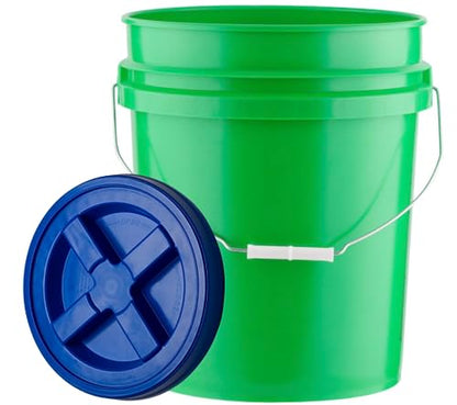 5 Gallon Food Grade Plastic Bucket with Air Tight Screw on Lid Made in USA Container (Green Bucket with Blue Lid) - color: Green Bucket With Blue Lid