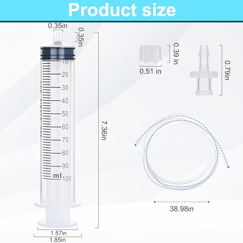 2 Pack 100ml Luer Lock Syringe with 39" Tube and Luer Connectors | 100cc Large Plastic Syringes for Liquid, Oil, Feeding, Watering - size: 100ml