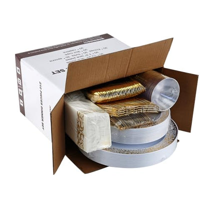 210 Count Gold Plastic Dinnerware, Gold Disposable Plates, Includes: 30 Dinner & 30 Dessert Plates & 30 Cups & 30 Paper Napkins & 30 Plastic Silverware Set -for Thanksgiving, Christmas, Parties - color: Gold