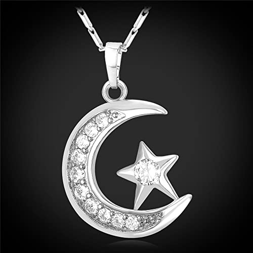 U7 Allah Necklace for Women/Men, 18K Gold Plated Square/Oval/Coin/Heart/Crescent Moon Islamic Pendant Necklace Muslim Jewelry with Chain - color: 01.Crescent Moon platinum
