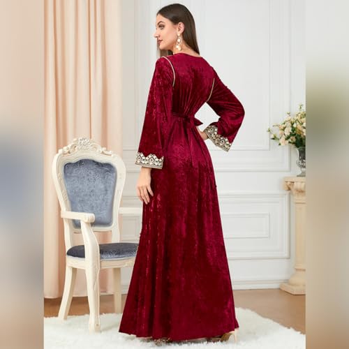 IDOPIP Muslim Women Velvet Dress Embroidery Abayas Long Sleeve V-Neck Moroccan Maxi Kaftan Dubai Robe Arabic Islamic Clothing - color: Wine Red, size: XX-Large