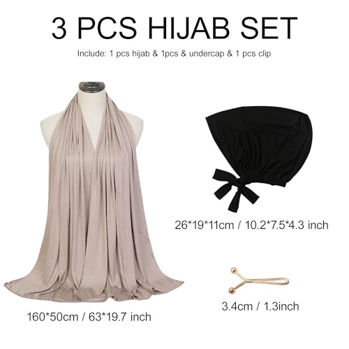 Hijab Scarf for Women, 3PCS Set with Undercap and Hijab Clip Lightweight Modal Muslim Head Wrap Scarf for Daily - color: Sy16-light Khika Hijab+black Undercap