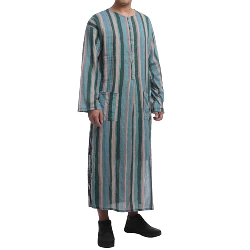 IWEMEK Muslim Thobe for Men Striped Kaftan Thobe with Pockets Saudi Arabic Robe Button up Dubai Abaya Caftan Ramadan Clothes - color: Green, size: Large
