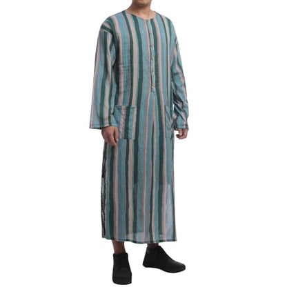 IWEMEK Muslim Thobe for Men Striped Kaftan Thobe with Pockets Saudi Arabic Robe Button up Dubai Abaya Caftan Ramadan Clothes - color: Green, size: Medium