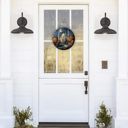 Starry Sky Mosque with Glowing Dome & Flowing River Scene Sign, Farmhouse Wood Decor, Rustic Hanging Plaque for Entryway, Living Room, Dining Room, 12x12 Inch