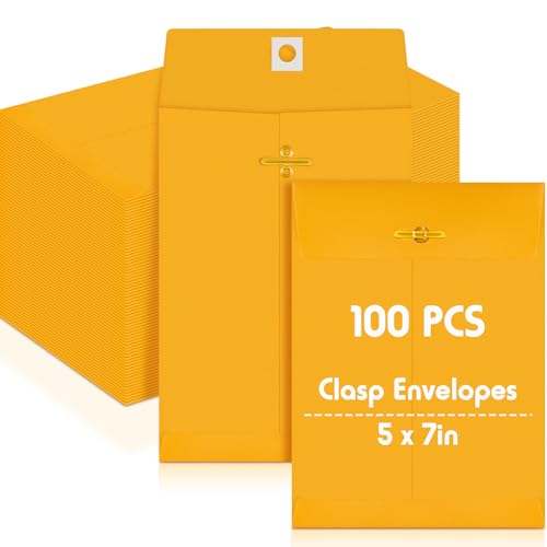 Geyee 100 Pcs 5 x 7 Inch Clasp Manilla Envelopes, Small Colored Kraft Envelopes with Gummed Clasp Closure for Weddings, Invitations, Greeting Cards, Mailing, Storing, Home Office Business (Yellow) - color: Yellow