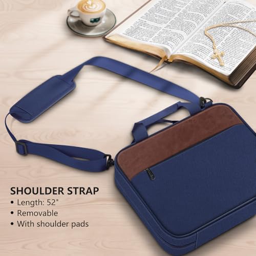 FINPAC Large Bible Cover, Carrying Book Case Church Bag Bible Protective with Zippered Pocket and Handle, Gift for Men Women - color: Navy & Brown