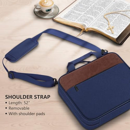 FINPAC Large Bible Cover, Carrying Book Case Church Bag Bible Protective with Zippered Pocket and Handle, Gift for Men Women - color: Navy & Brown