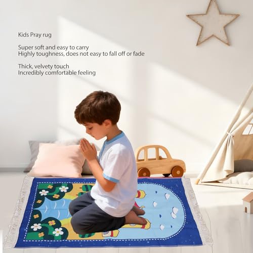 Pssopp Pray Rug for Kids, Thick and Soft Convenient to Carry Not Easy Fade Children Meditation Mat with Tassel Pray Beads Pendant Cylinder for Worship (Blue) - color: Blue
