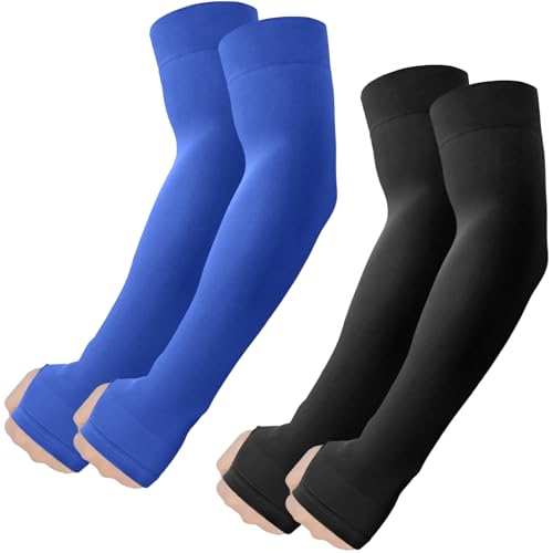 ROXUN Arm Sleeves with Thumb Hole, Cooling UV Sun Protection Compression Tattoo Cover Up for Men/Women - color: 2 Pairs - Black+blue