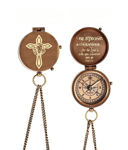 Be Strong and Courageous Engraved Brass Religious direction Compass Gift Joshua 1:9 with Leather Pouch for Gift Confirmation Baptism, Christian