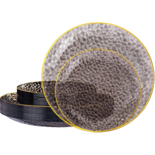 SUT 36Pcs Black Plastic Plates, Hammered Plates Disposable Heavy Duty, Black Disposable Plates With Gold Rim, Fancy Plastic plates Include 18 Dinner plate and 18 Dessert plate for Party - color: Black, size: 36PCS