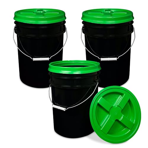 5 Gallon Bucket - Food Grade w/Lid BPA-Free, Black/Green, 3 | Airtight Gamma Seal Screw-On Lid, Heavy-Duty 90 Mil HDPE Plastic, Food Safe and Durable Container, Bulk Storage, Made in USA - color: Black/Green, size: 3 Packs