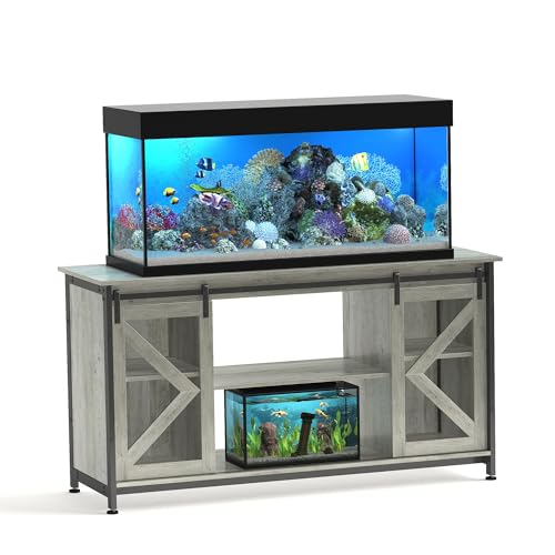 HRVEOCEI 80 Gallon Fish Tank Stand with Sliding Doors, Farmhouse Aquarium Stand with Storage Cabinet, Heavy Duty Fish Tank Table for Turtle Tanks Reptile, Adjustable Feets, 1000 LBS Capacity (Grey) - color: Grey